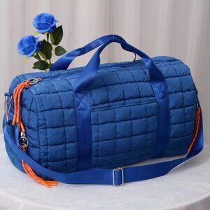 Royal Blue Quilted Puffer Weekender Bag Travel Duffel Tote Carry-On Gym Overnigh